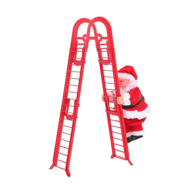 Red plastic ladder with a santa claus figurine climbing it.