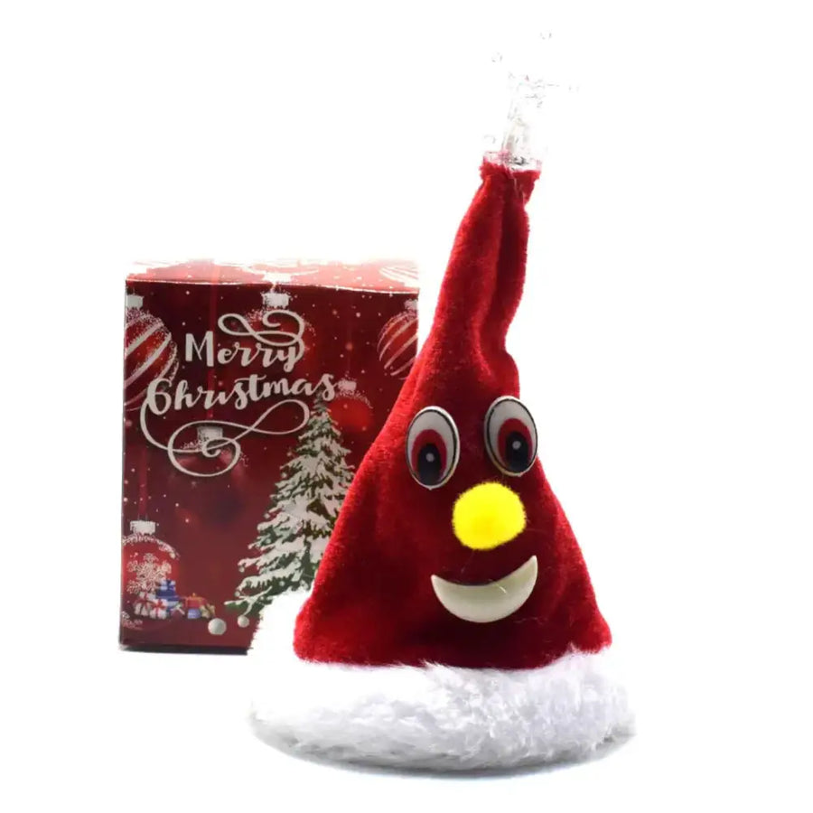 Red plush santa hat with white fur trim, yellow nose, and smiling mouth.