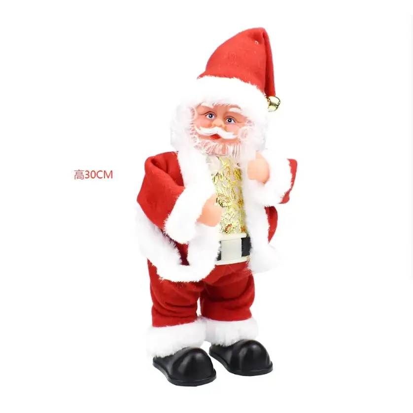 Red and white plush santa claus figurine with a gold bell on the hat, standing 30cm tall.