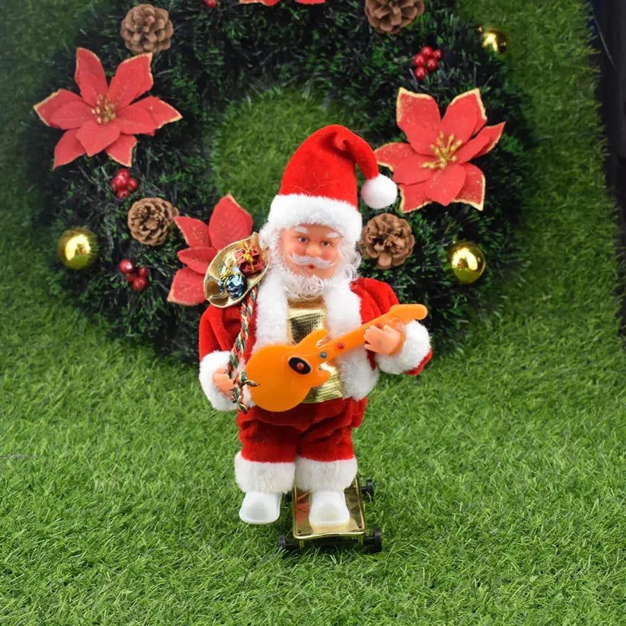 Red and white plush santa claus figurine playing an orange guitar while standing on a gold skateboard.