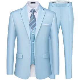 Light blue three-piece suit set featuring a tailored blazer, matching vest, and trousers with subtle pleats.