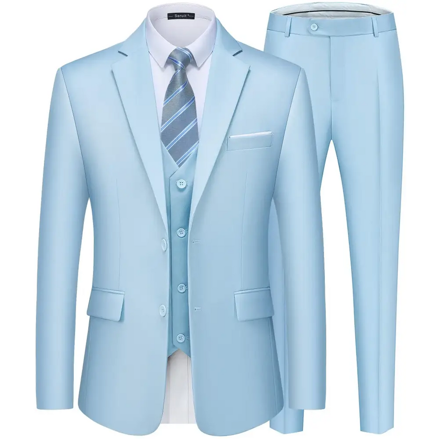 Light blue three-piece suit set featuring a tailored blazer, matching vest, and trousers with subtle pleats.