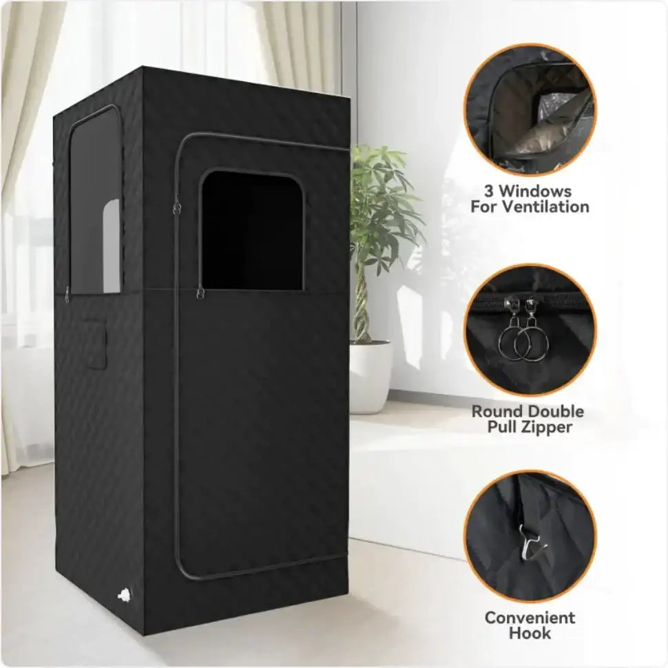 Black fabric sauna tent with a rectangular shape, featuring three ventilation windows and a round double pull zipper.