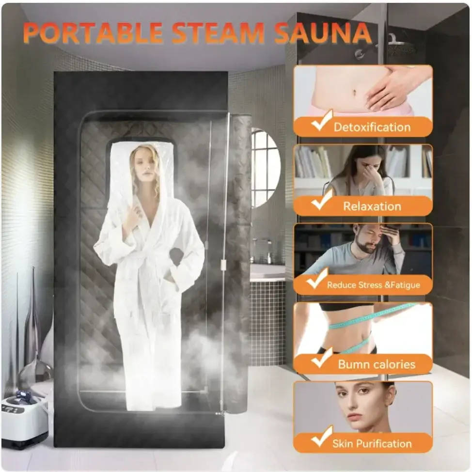 Black portable steam sauna with transparent door and quilted interior lining.