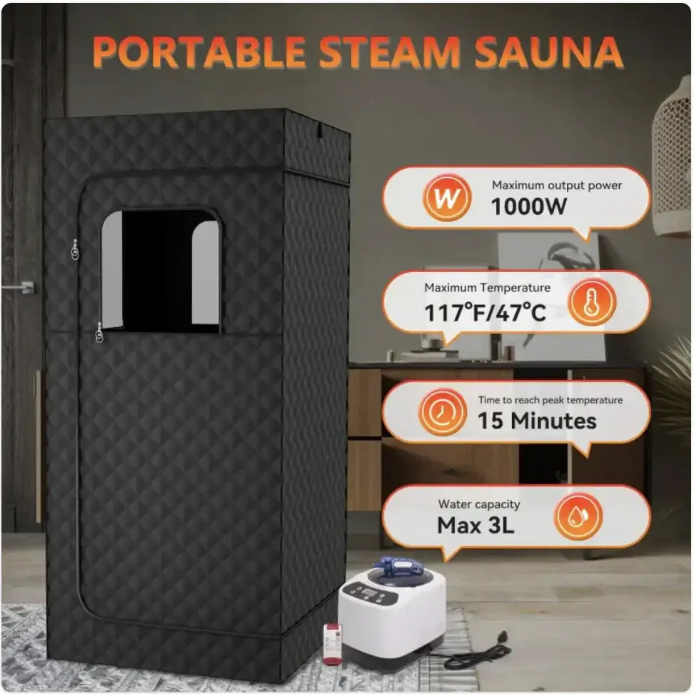 Black quilted fabric portable steam sauna with a rectangular door and integrated control unit.
