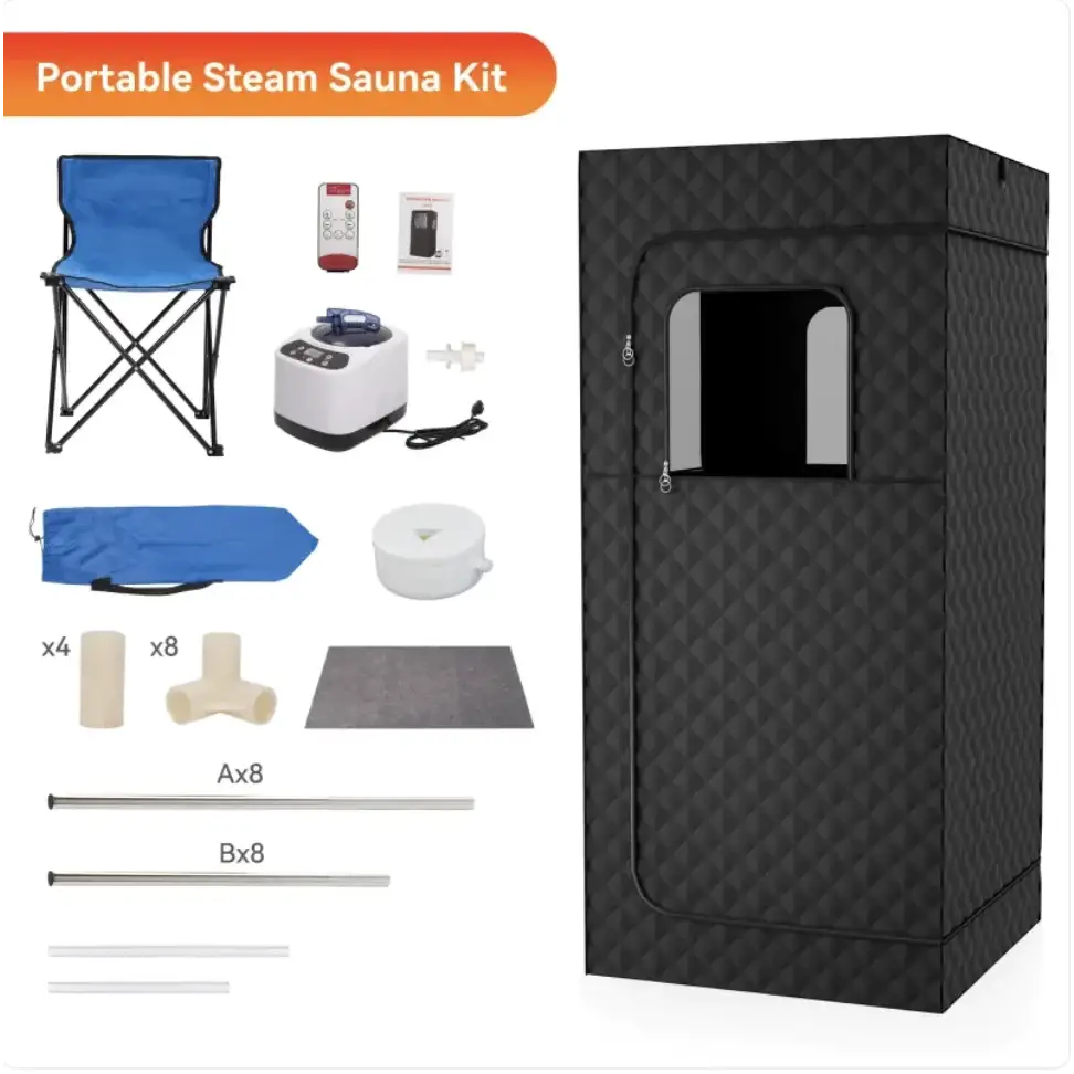 Black quilted fabric portable steam sauna tent with a rectangular window and zipper door.