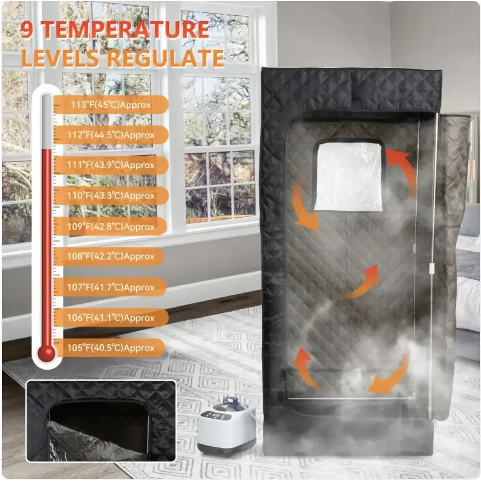 Black quilted fabric steam sauna tent with a transparent window and internal heating system.