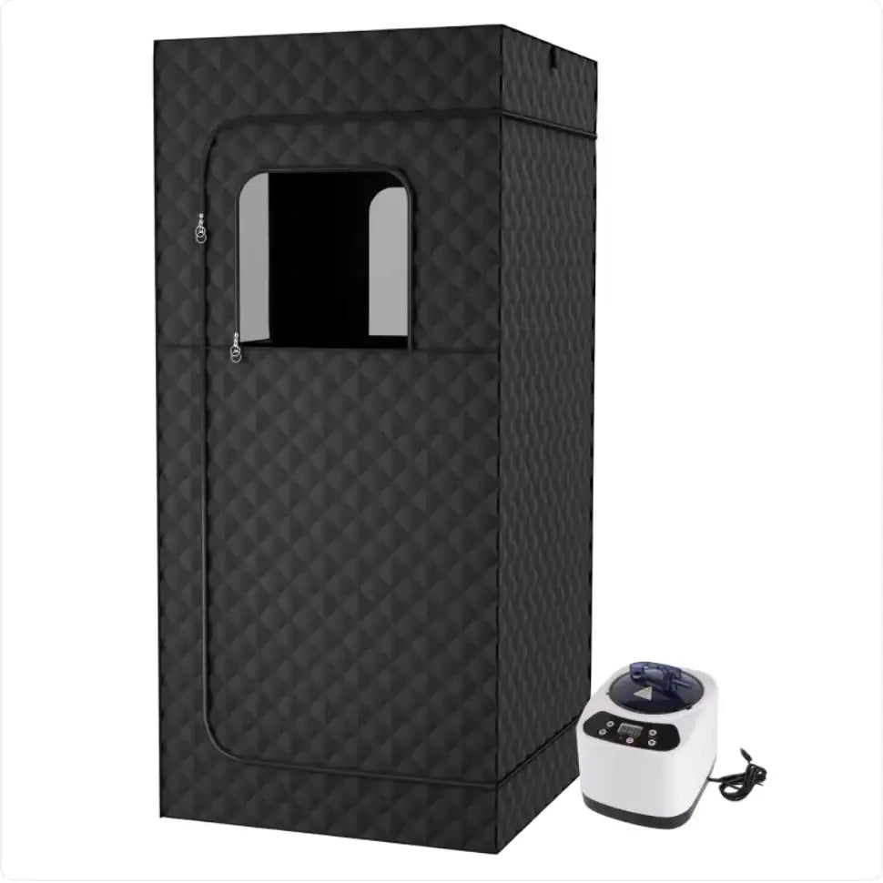 Black quilted fabric sauna tent with a rectangular window and zipper door, accompanied by a white control unit.