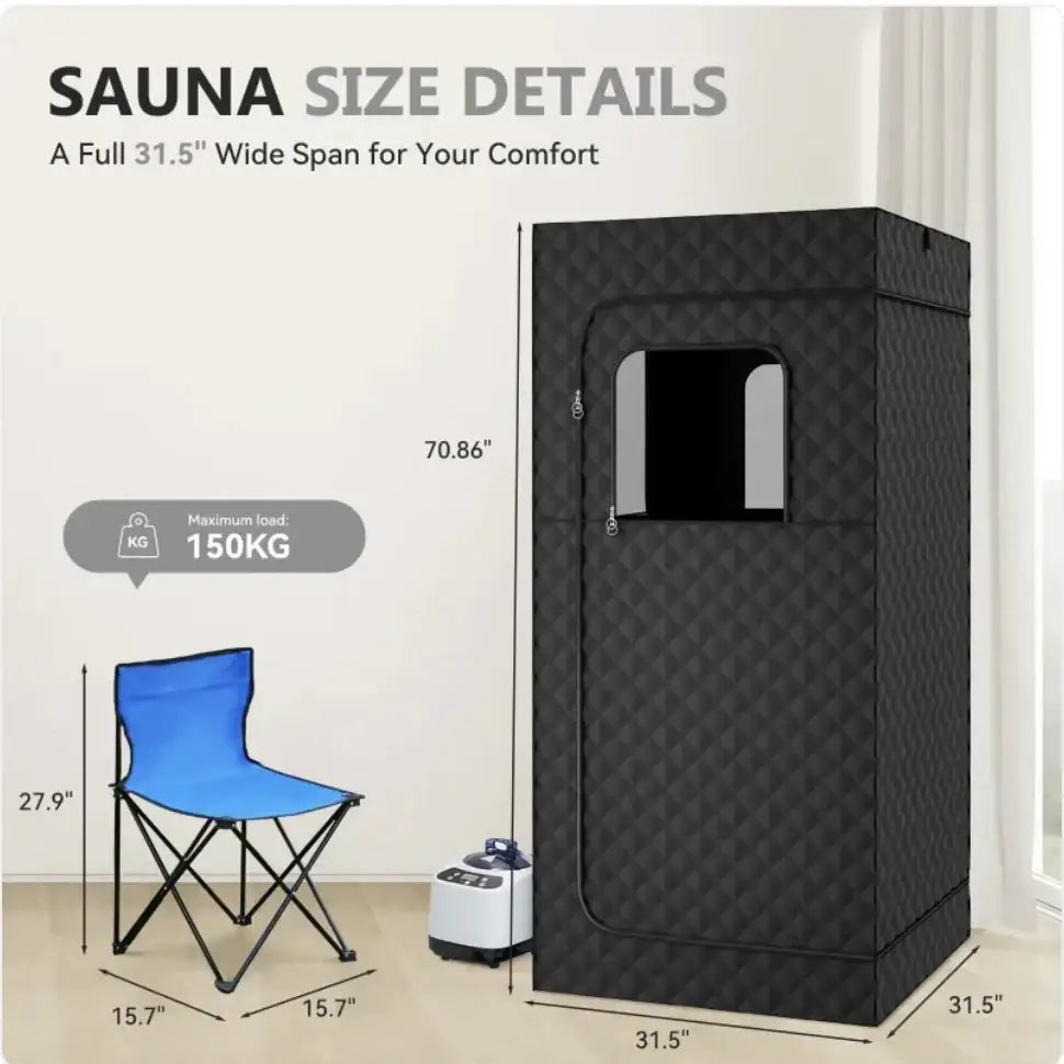 Black quilted fabric sauna tent with a rectangular window and zipper door.