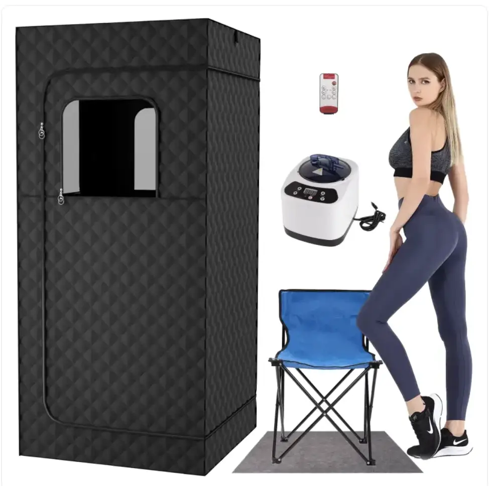 Black quilted fabric sauna tent with a rectangular window and zipper closure
