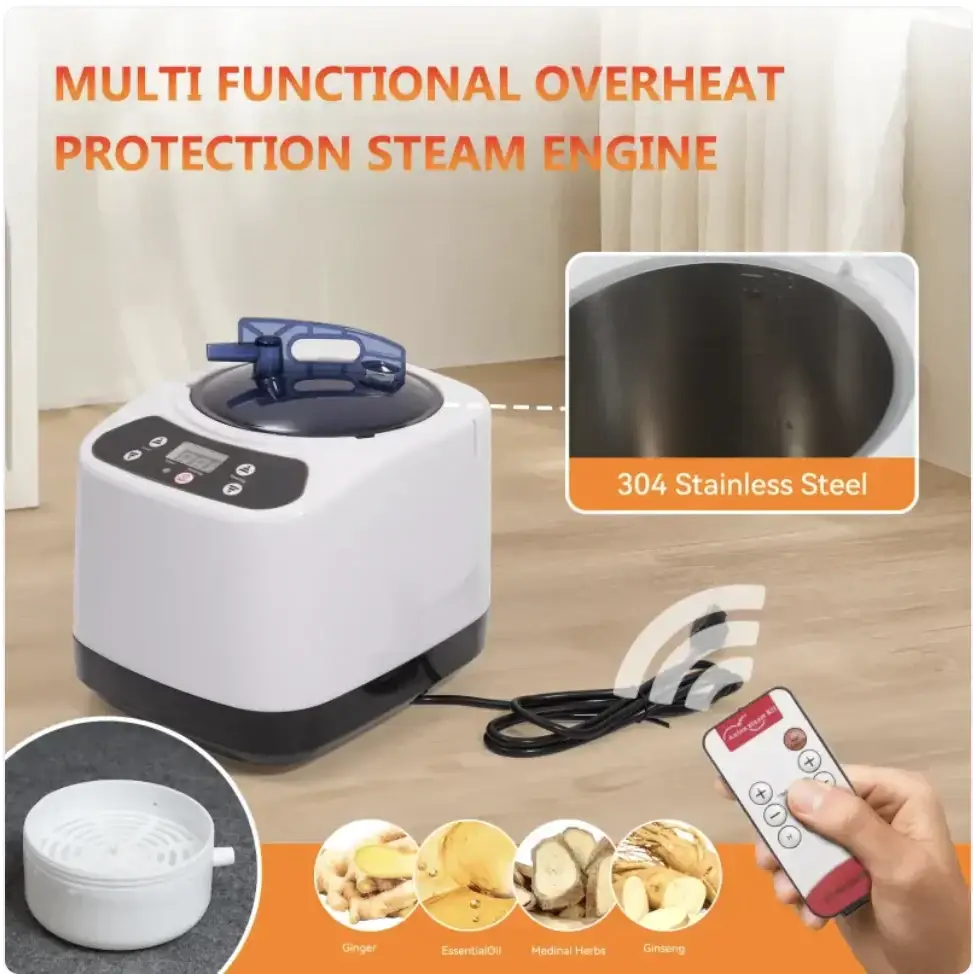 White and black multi-functional steam engine with a blue handle, featuring 304 stainless steel interior.