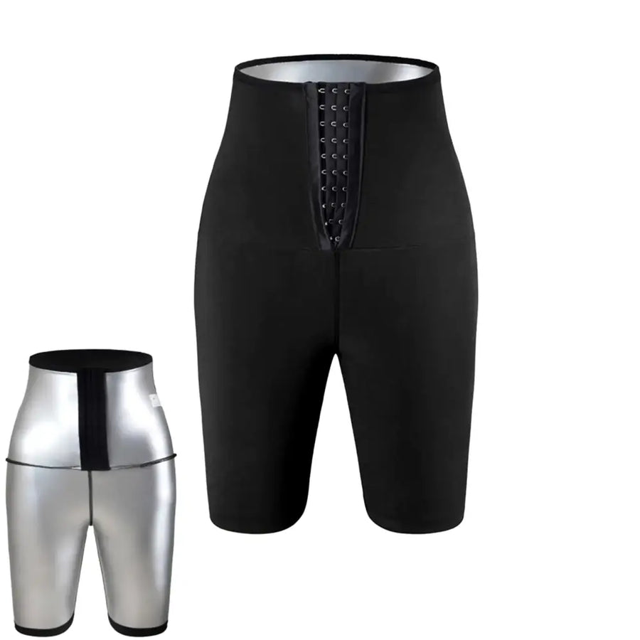 Black high-waisted waist trainer shorts with a front lace-up closure and silver metallic inner lining.