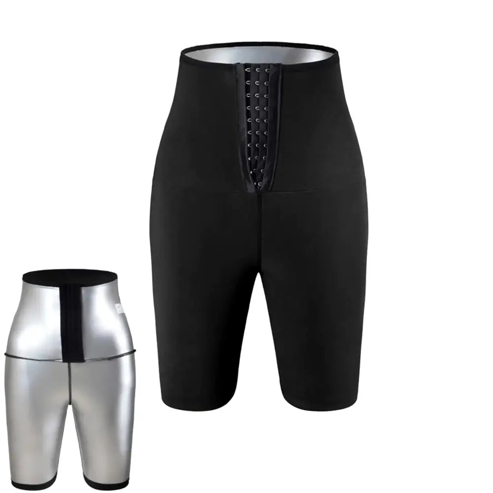 Black high-waisted waist trainer shorts with a front lace-up closure and silver metallic inner lining.