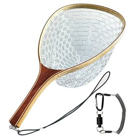 A classic wooden-handled fly fishing net with a gold-toned metal rim and clear, diamond-patterned mesh.