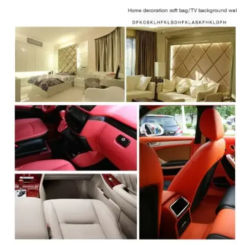 The image displays a collage of interior design elements, including luxury car interiors with vibrant red and beige leather seats.