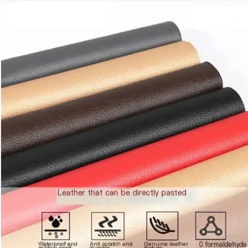 A roll of genuine leather in black, tan, and red with a textured surface suitable for direct pasting.