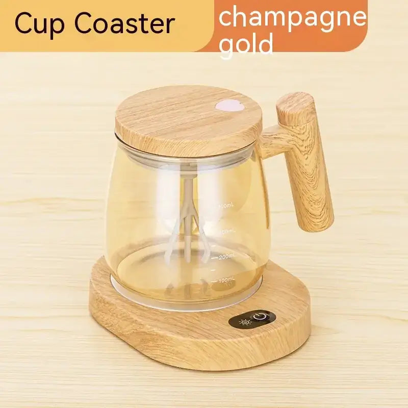 Champagne gold wooden-handled glass cup with a matching wood lid and base, featuring measurement markings on the side.