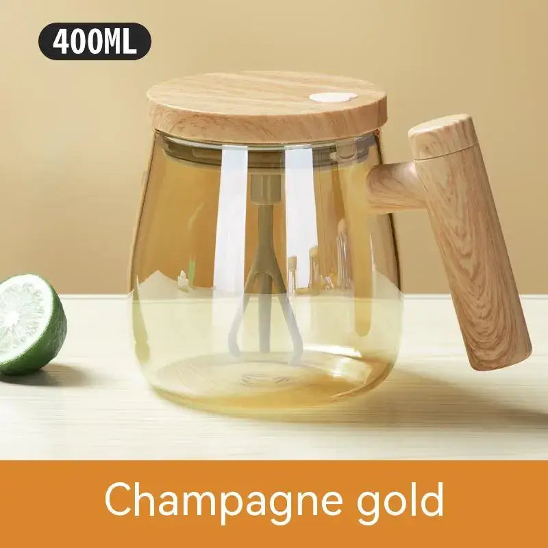 Champagne gold 400ml glass pitcher with wooden lid and handle.