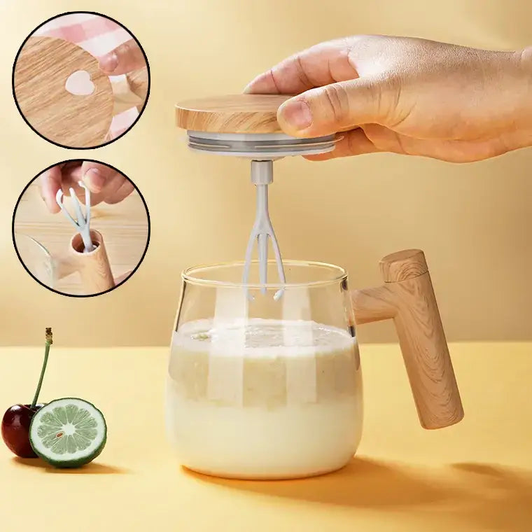 Glass milk frother with a wooden lid and handle, featuring a sleek design that combines clear glass for visibility with natural wood accents.