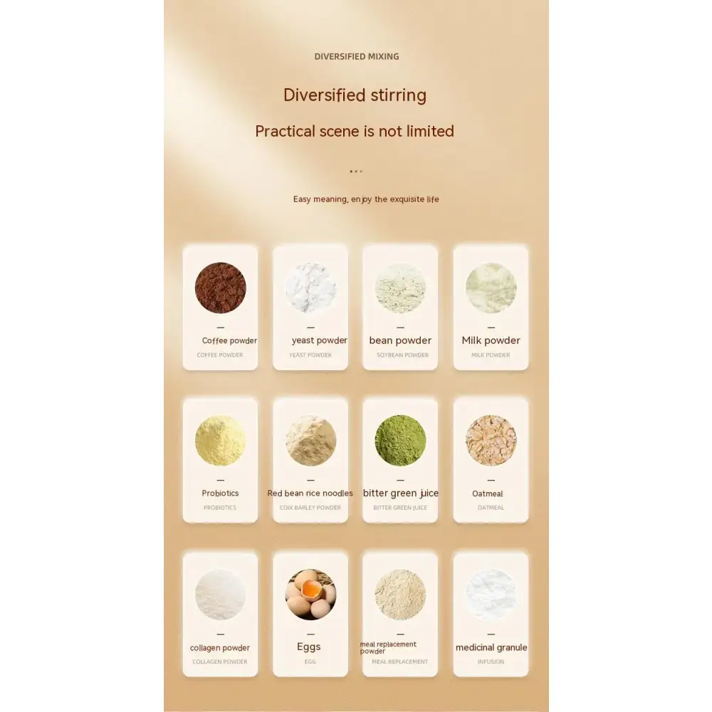 A beige rectangular card with a white border, featuring the text ’diversified mixing’ and various powder product labels such as coffee powder, yeast powder, bean powder, milk powder, probiotics, red bean nce noodles, bitter green juice,
