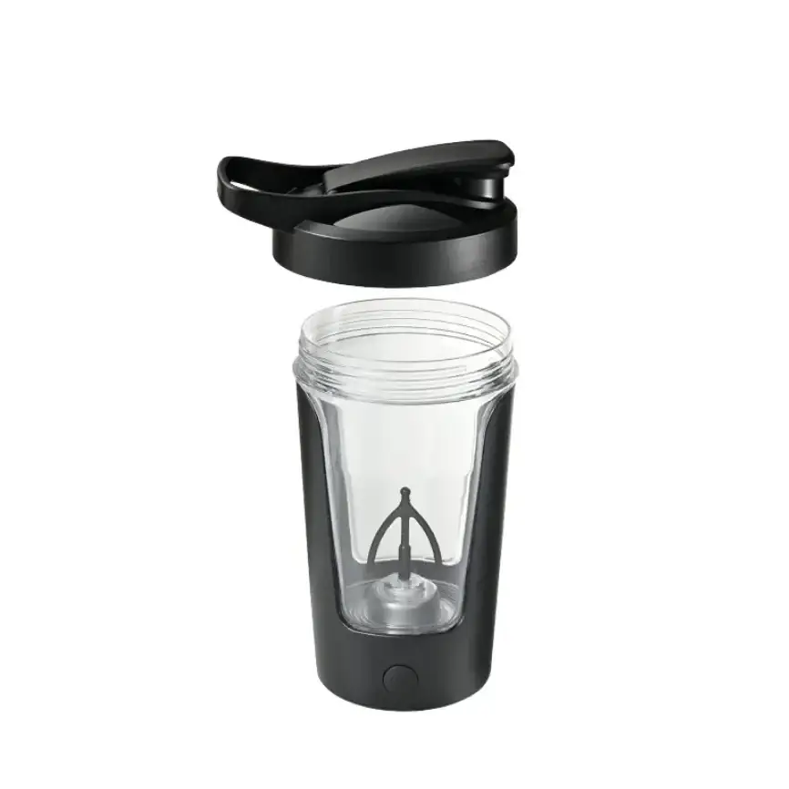 Black electric shaker bottle with clear glass body and a black lid, featuring an internal mixing blade.