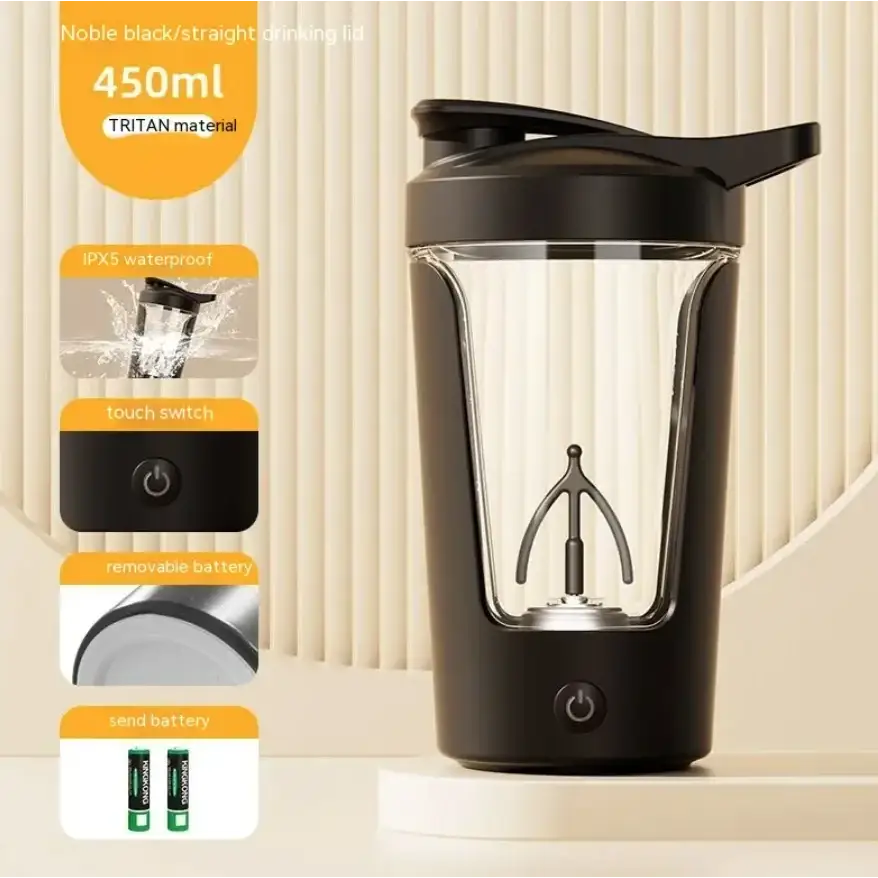 Black tritan material 450ml shaker bottle with a sleek, modern design and touch switch controls.