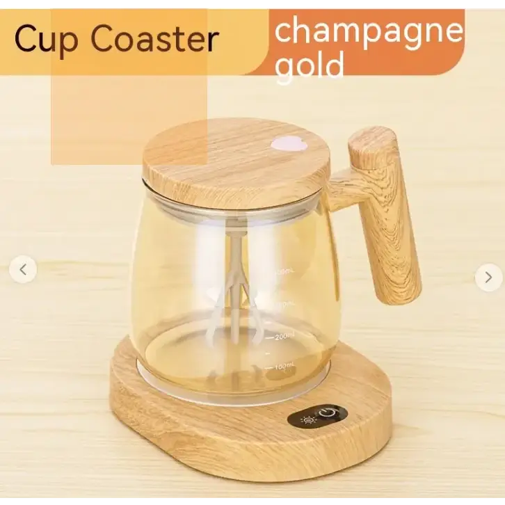 Champagne gold wooden-handled glass cup warmer with a matching wood base and lid