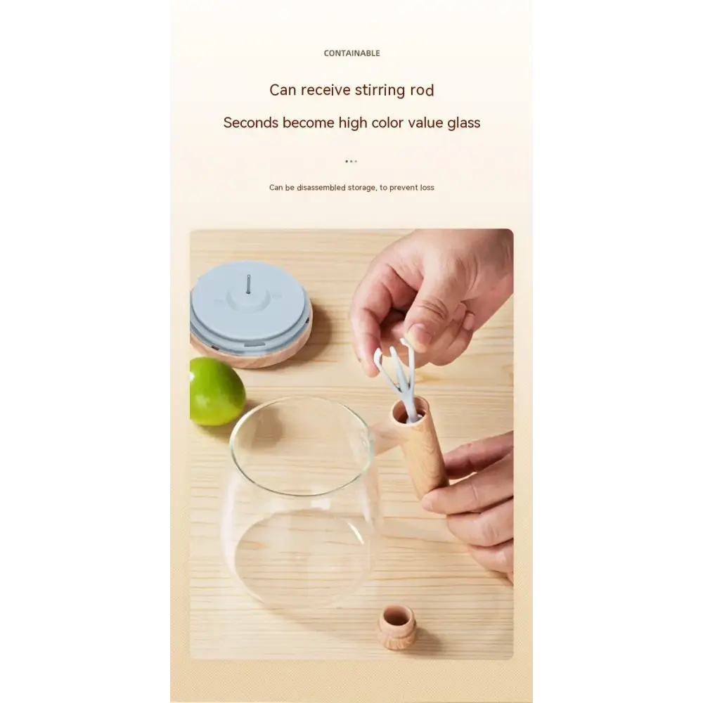 A clear glass container with a light blue lid and wooden base, designed for storing stirring rods.