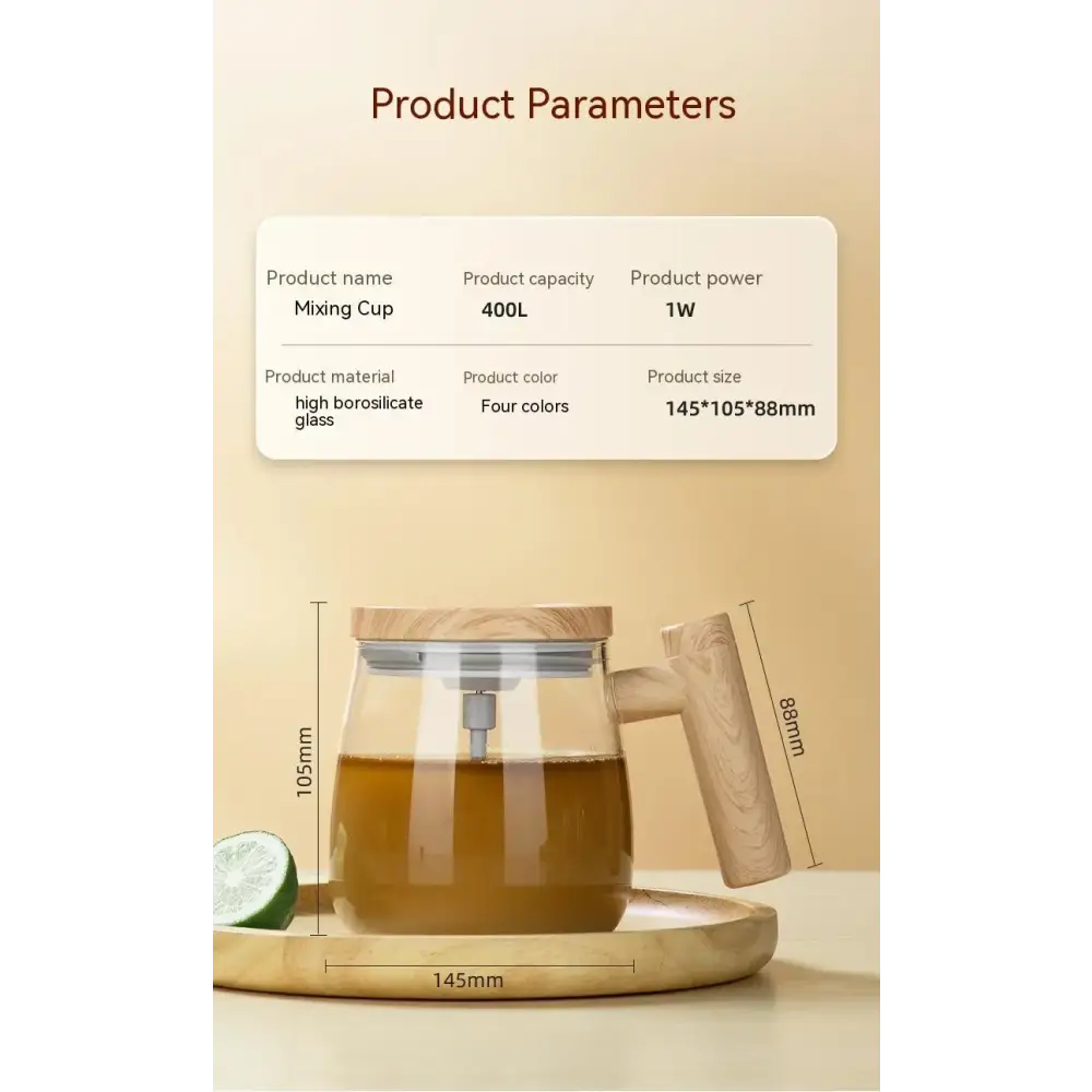 Clear glass mixing cup with a wooden lid and handle, available in four colors.