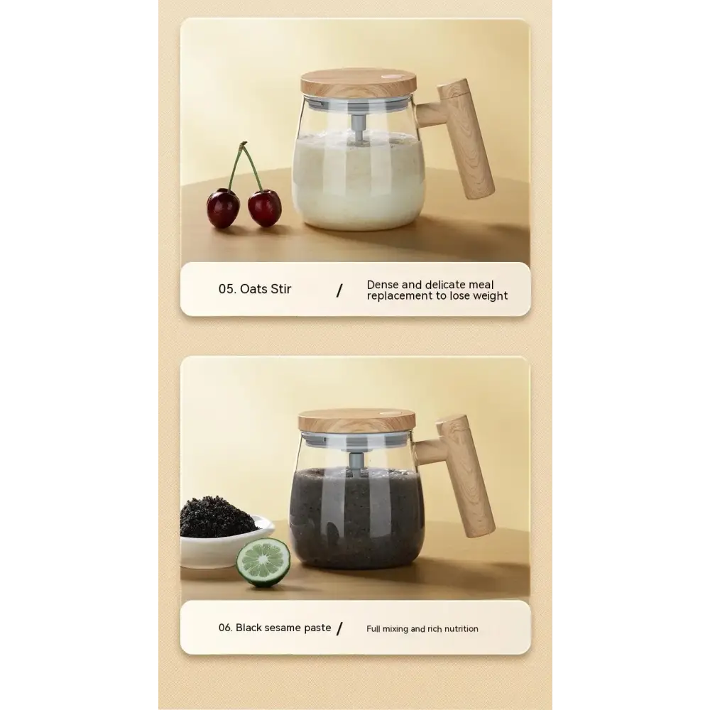 Clear glass mixing jar with a wooden lid and handle, filled with oatmeal or black sesame paste.