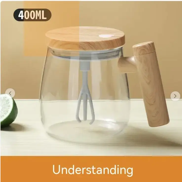Clear glass jar with a wooden lid and handle, featuring an integrated white whisk inside.