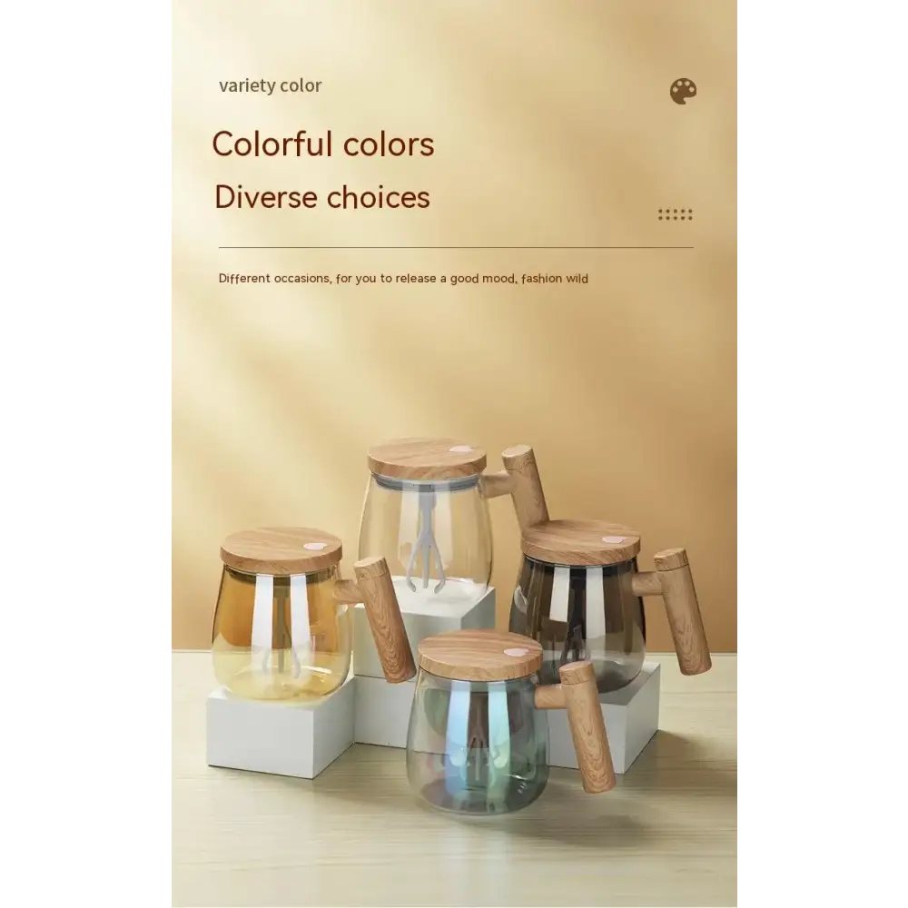 Clear glass pitchers with wooden handles and lids, available in assorted vibrant colors.