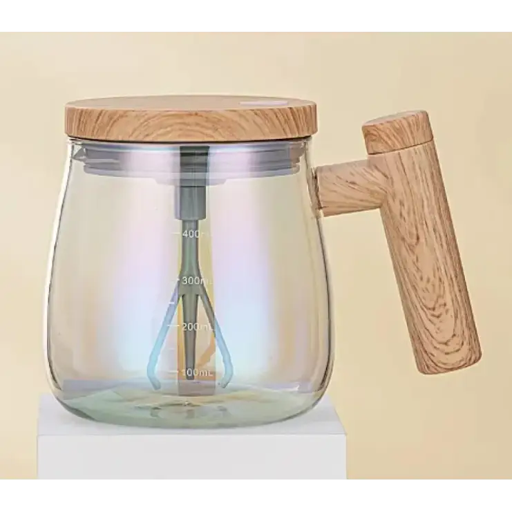 Clear glass mixing jar with wooden lid and handle, featuring a built-in whisk for blending or whipping.