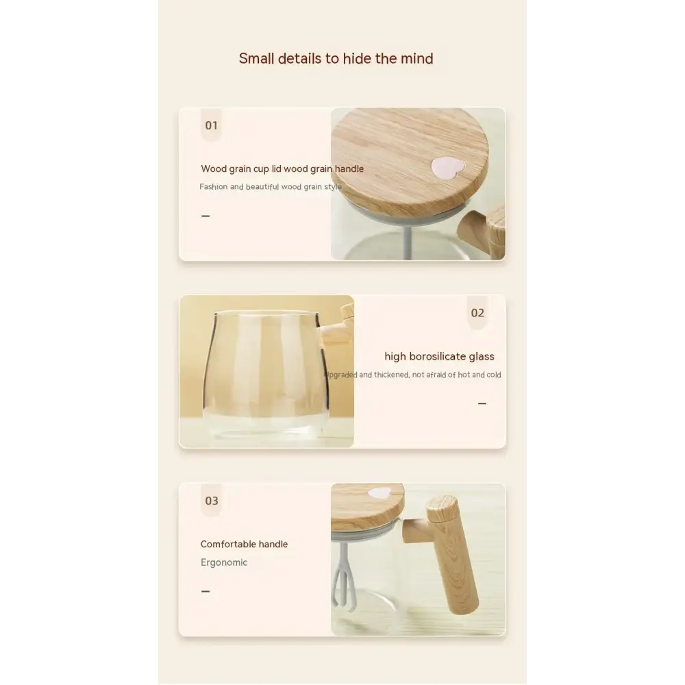 Wood grain lid with matching wood grain handle on a clear glass cup.