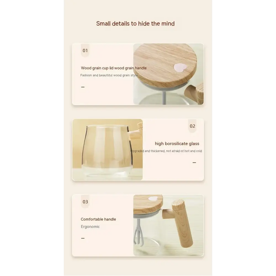 Wood grain lid with matching wood grain handle on a clear glass cup.