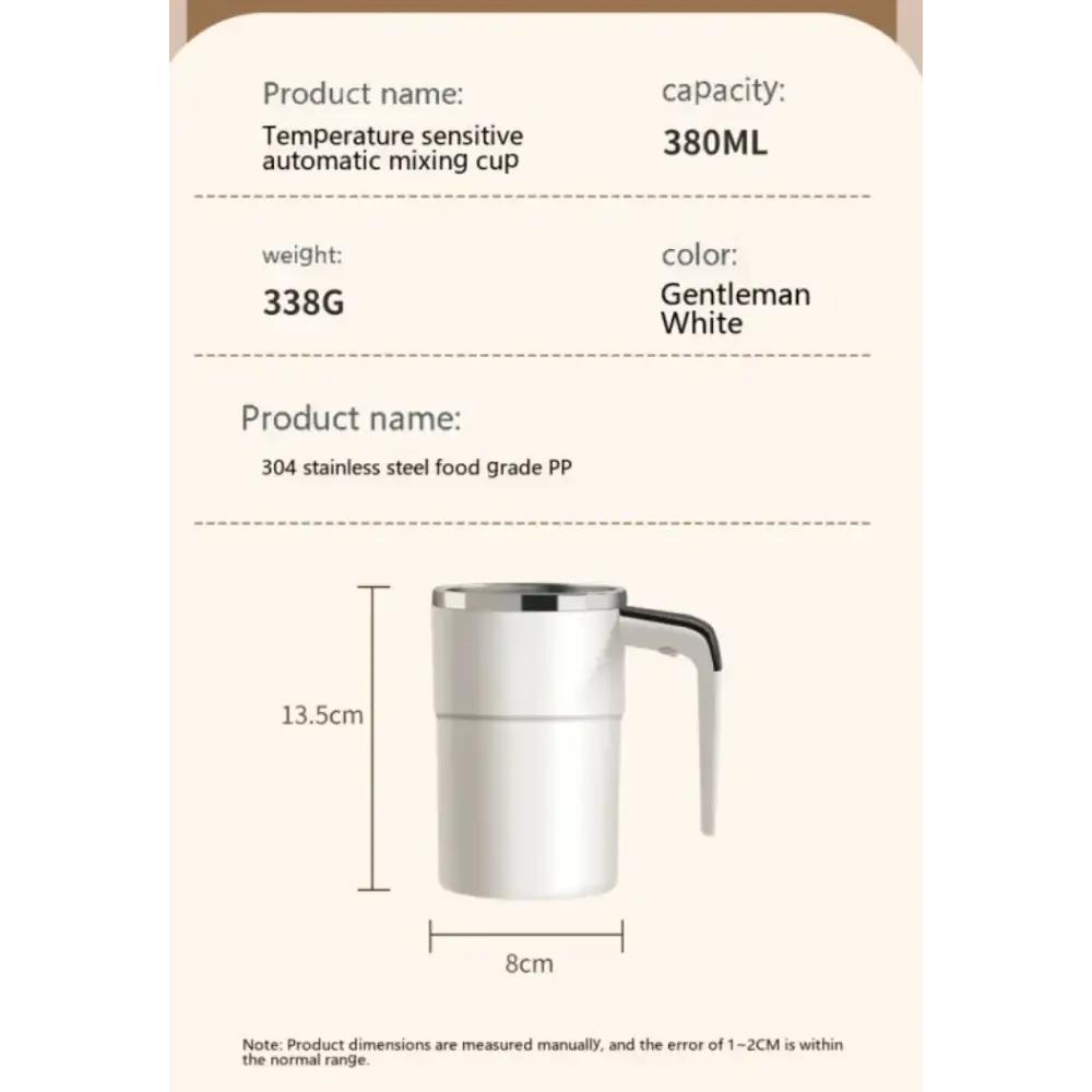 Gentleman white 304 stainless steel automatic mixing cup with a sleek, modern design and a sturdy handle.