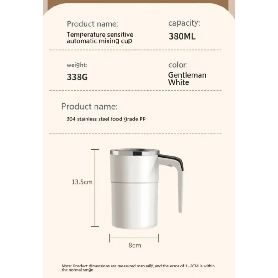 Gentleman white 304 stainless steel automatic mixing cup with a sleek, modern design and a sturdy handle.