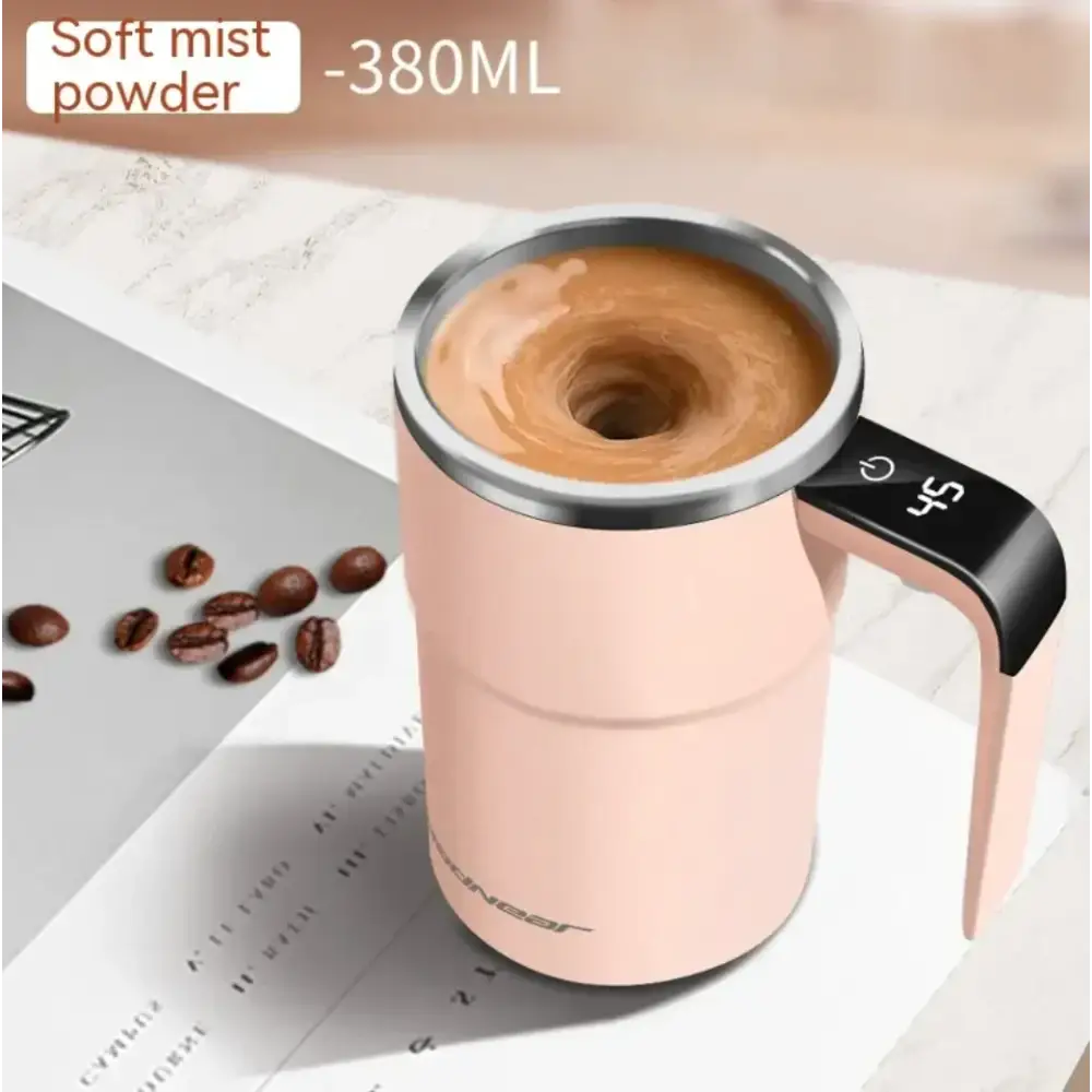 Pink insulated mug with a stainless steel rim and digital display handle showing ’45’’ for temperature.