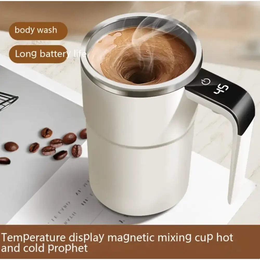 A sleek white and silver magnetic mixing cup with a digital temperature display on its black handle, designed for heating or cooling beverages.