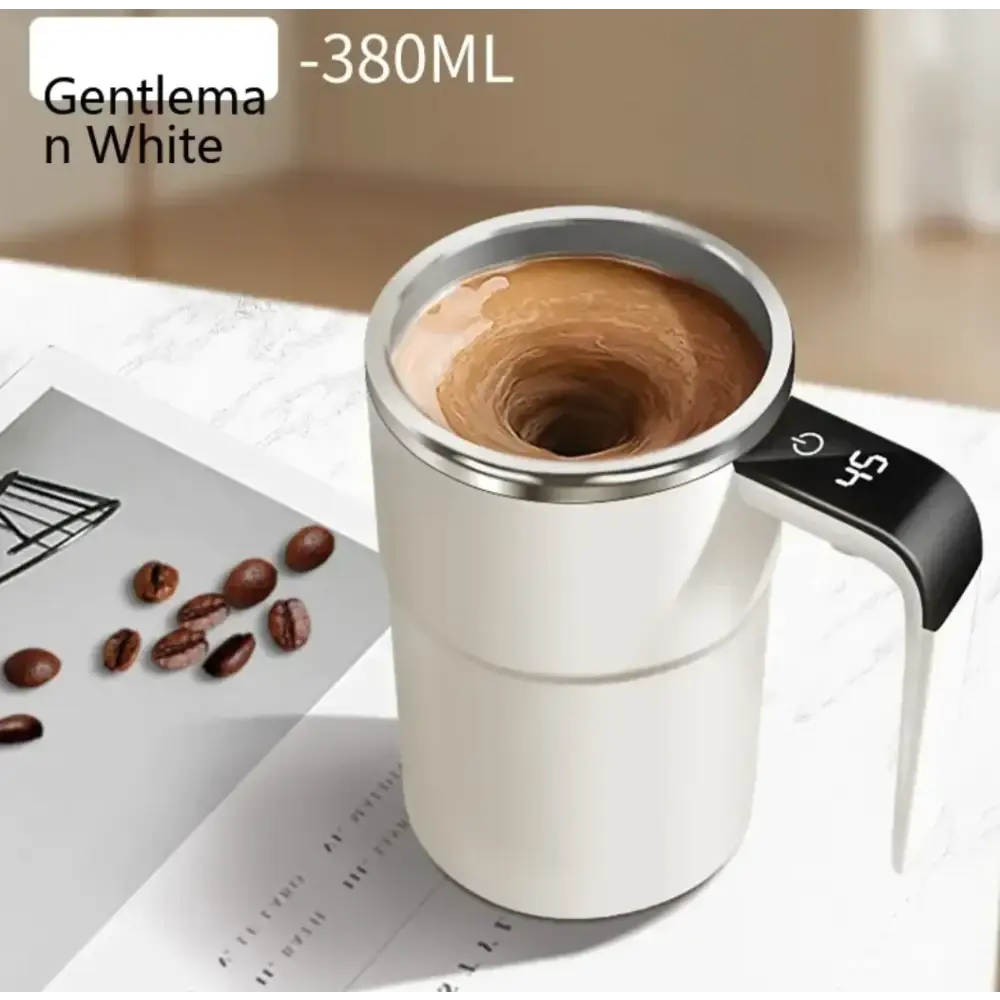 White and silver 380ml electric mug with digital temperature display on the handle.