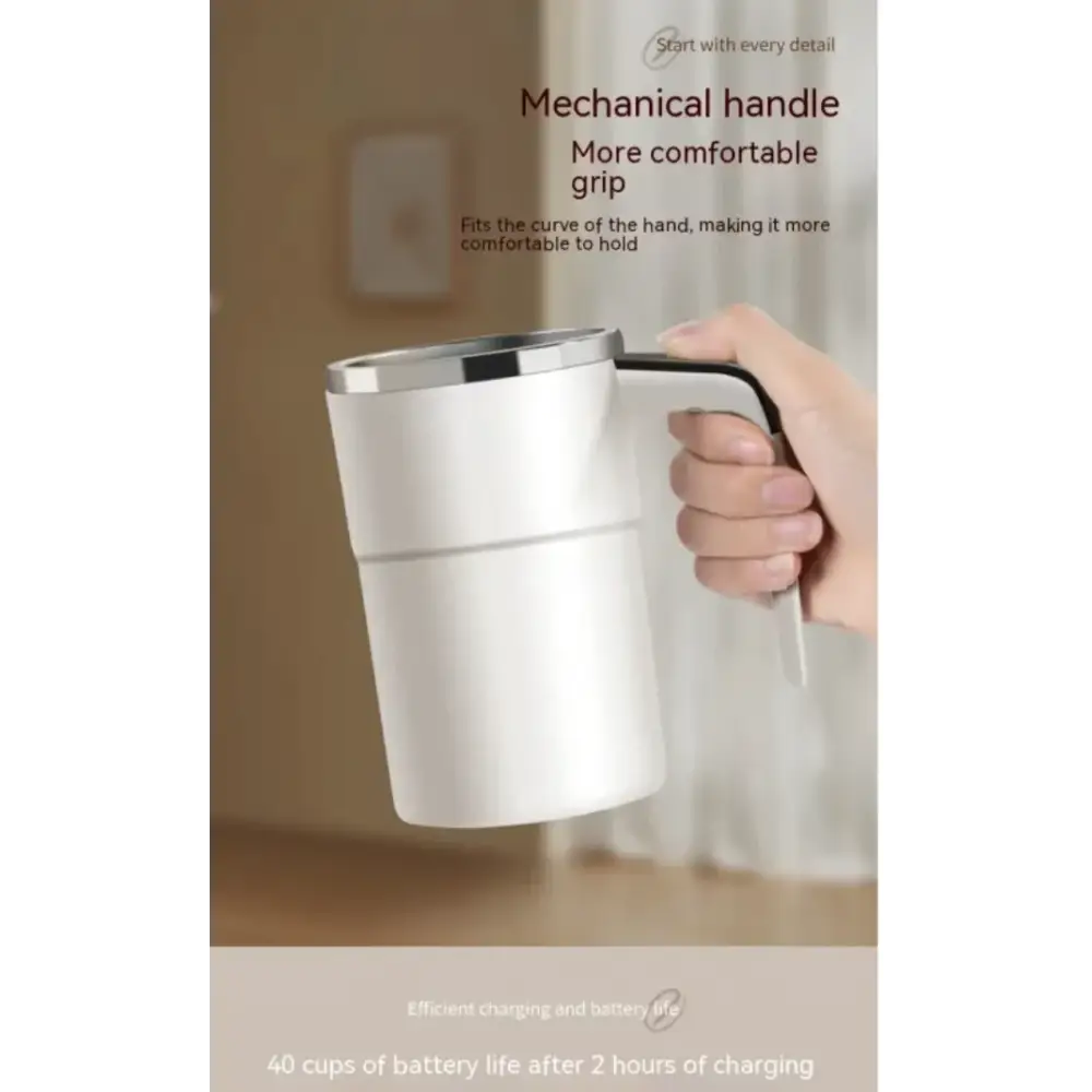 White ceramic mug with a sleek silver mechanical handle and black grip, designed for comfortable holding.