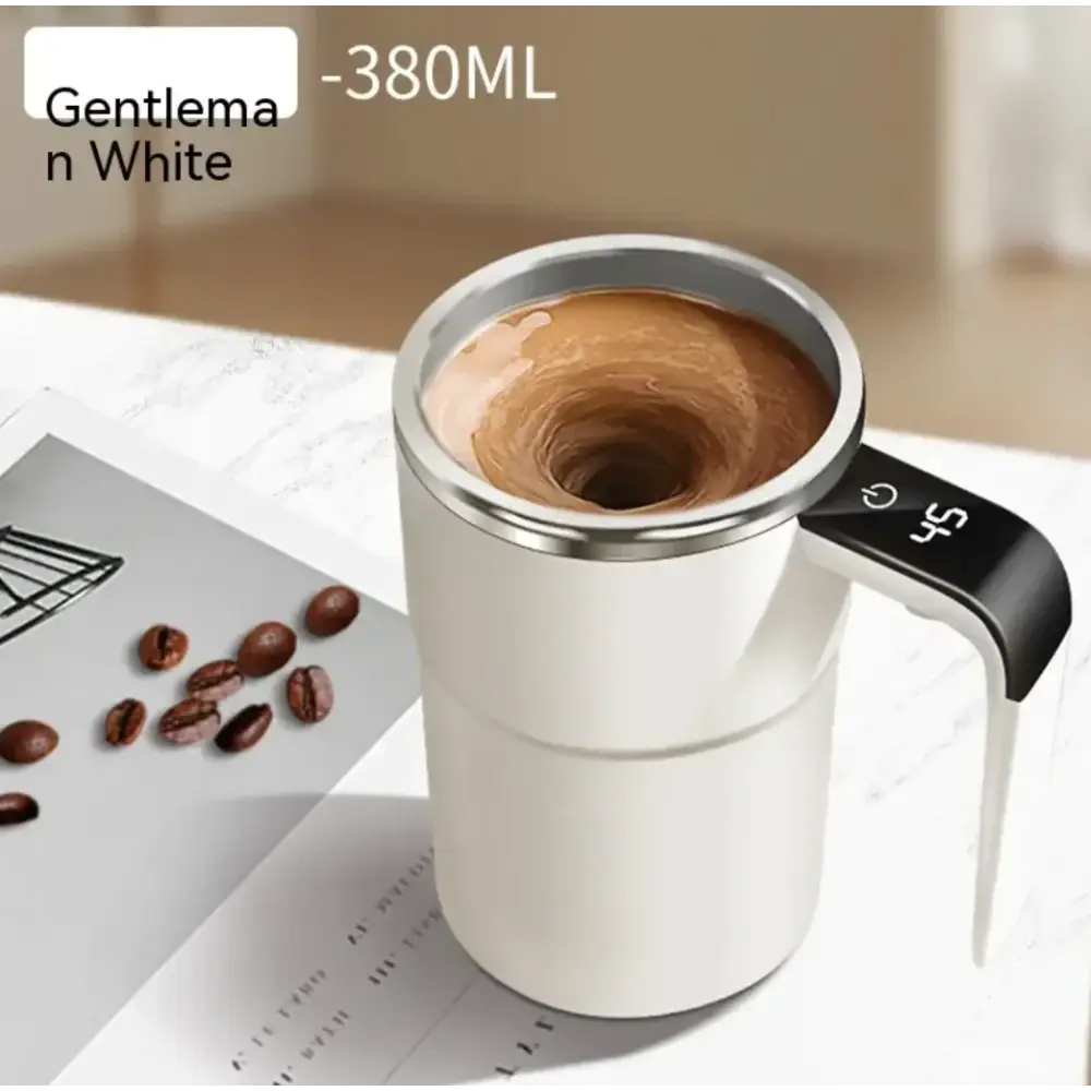 White ceramic mug with a stainless steel rim and black digital display handle, labeled ’gentleman white -380ml’.