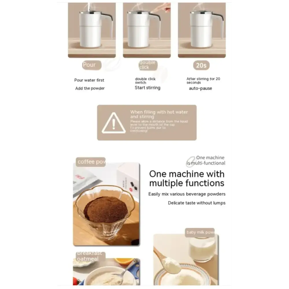 White dual-layer electric mixing pitcher with a handle and lid, designed for stirring powdered beverages like coffee or oatmeal.