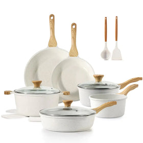 White speckled non-stick cookware set with natural wood handles and matching lids.