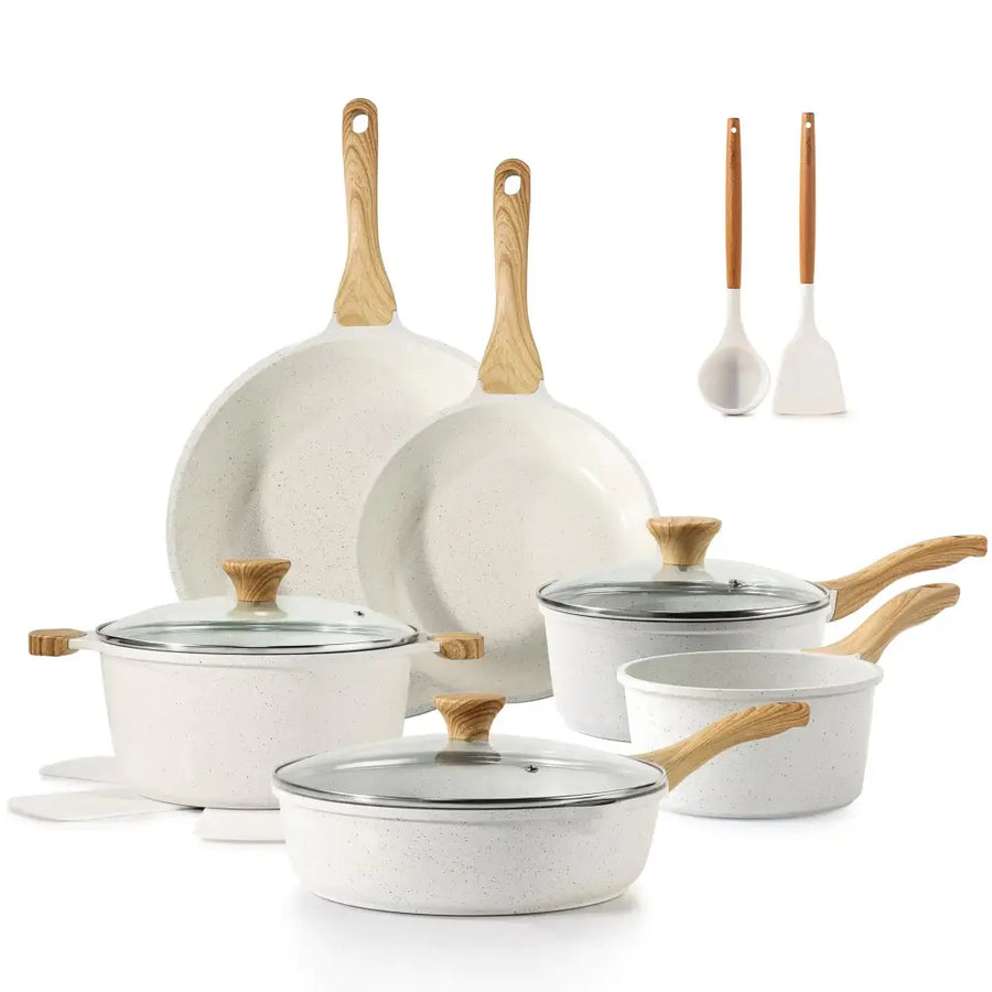 White speckled non-stick cookware set with natural wood handles and matching lids.