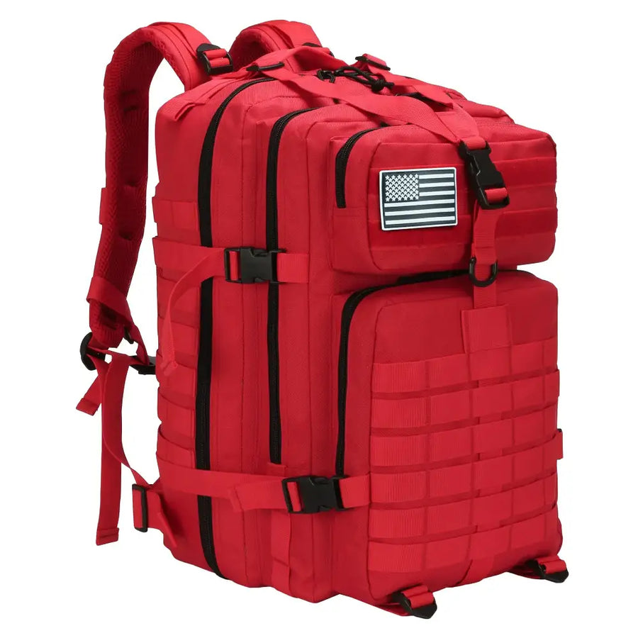 Red tactical backpack with black zippers and webbing straps, featuring a u.s.