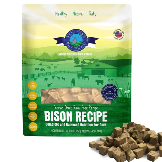 Shepherd Boy Farms Freeze Dried Raw Dog Food (Bison Recipe) All Natural Raw Dog Food 14 oz Bag Freeze-Dried Dog Food Made in USA High in Protein Raw Nutrition Food Topper or Complete Meal