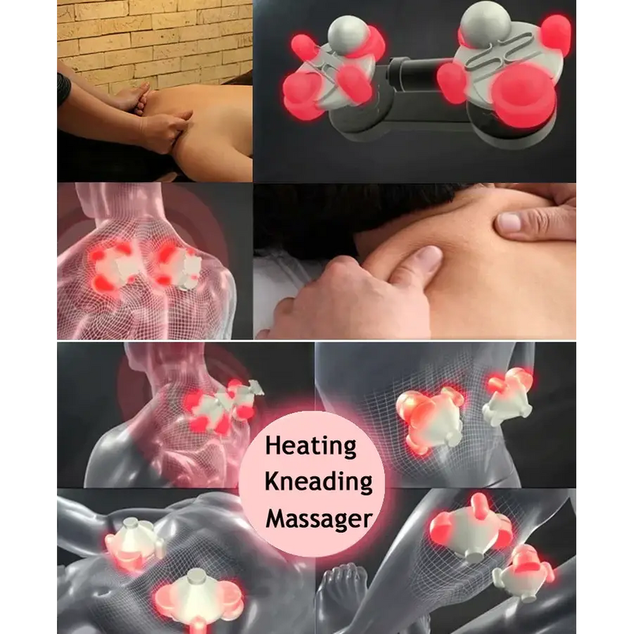 White and red heating kneading massager with rounded, bulbous heads designed for targeted muscle relief.