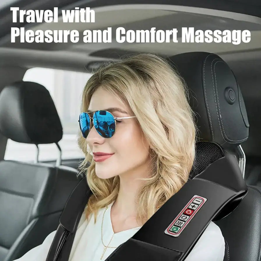 Black massage neck strap with control panel and padded straps for travel comfort.