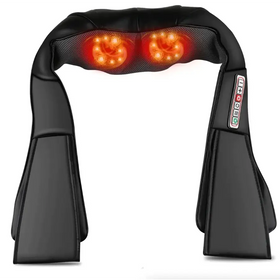 Black massage neck wrap with glowing orange led lights and control buttons on the side.